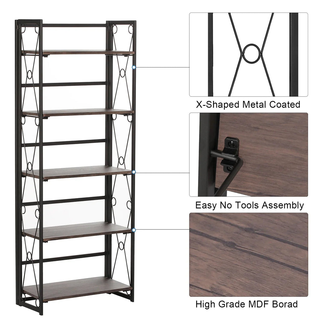 VECELO 5 Shelf Folding Bookshelf Industrial Metal Frame Display Shelf for Living Room, Bedroom, Kitchen, Office House Of Avana [[SKU:HOA-BOK-007]]