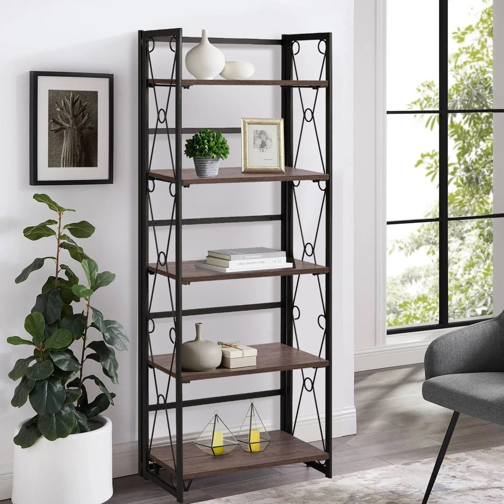 VECELO 5 Shelf Folding Bookshelf Industrial Metal Frame Display Shelf for Living Room, Bedroom, Kitchen, Office House Of Avana [[SKU:HOA-BOK-007]]