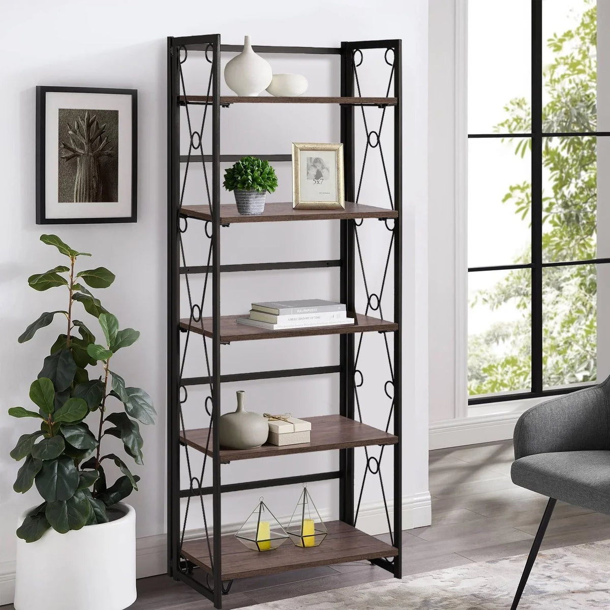 VECELO 5 Shelf Folding Bookshelf Industrial Metal Frame Display Shelf for Living Room, Bedroom, Kitchen, Office House Of Avana [[SKU:HOA-BOK-007]]