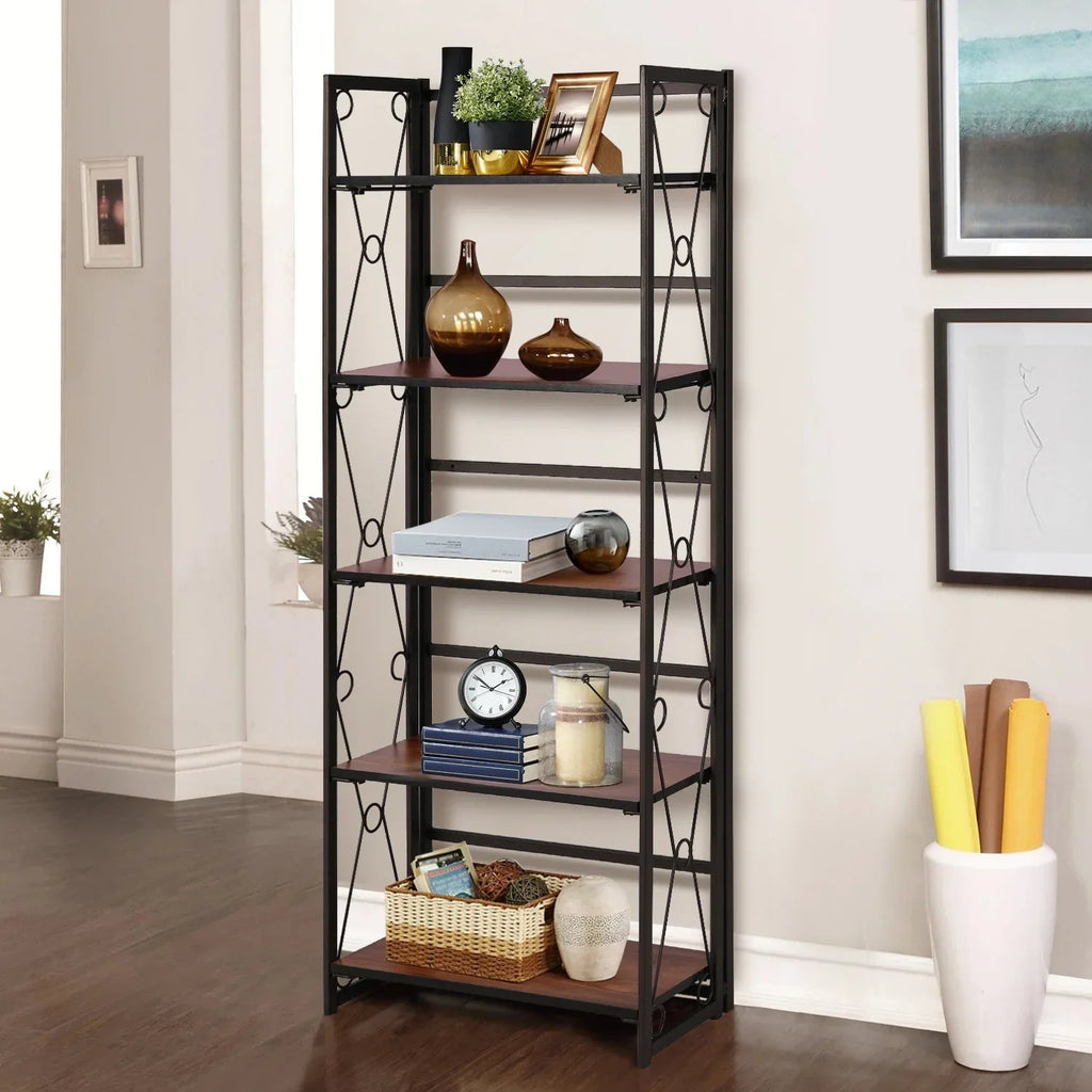 VECELO 5 Shelf Folding Bookshelf Industrial Metal Frame Display Shelf for Living Room, Bedroom, Kitchen, Office House Of Avana [[SKU:HOA-BOK-007]]