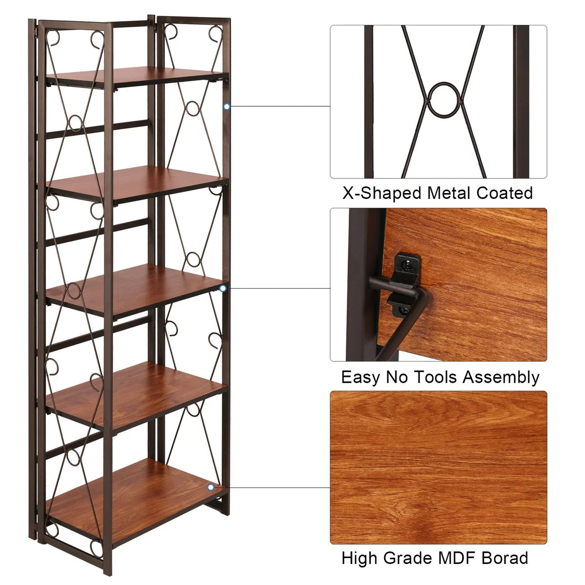 VECELO 5 Shelf Folding Bookshelf Industrial Metal Frame Display Shelf for Living Room, Bedroom, Kitchen, Office House Of Avana [[SKU:HOA-BOK-007]]