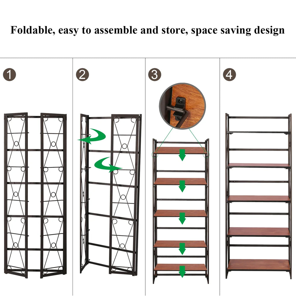 VECELO 5 Shelf Folding Bookshelf Industrial Metal Frame Display Shelf for Living Room, Bedroom, Kitchen, Office House Of Avana