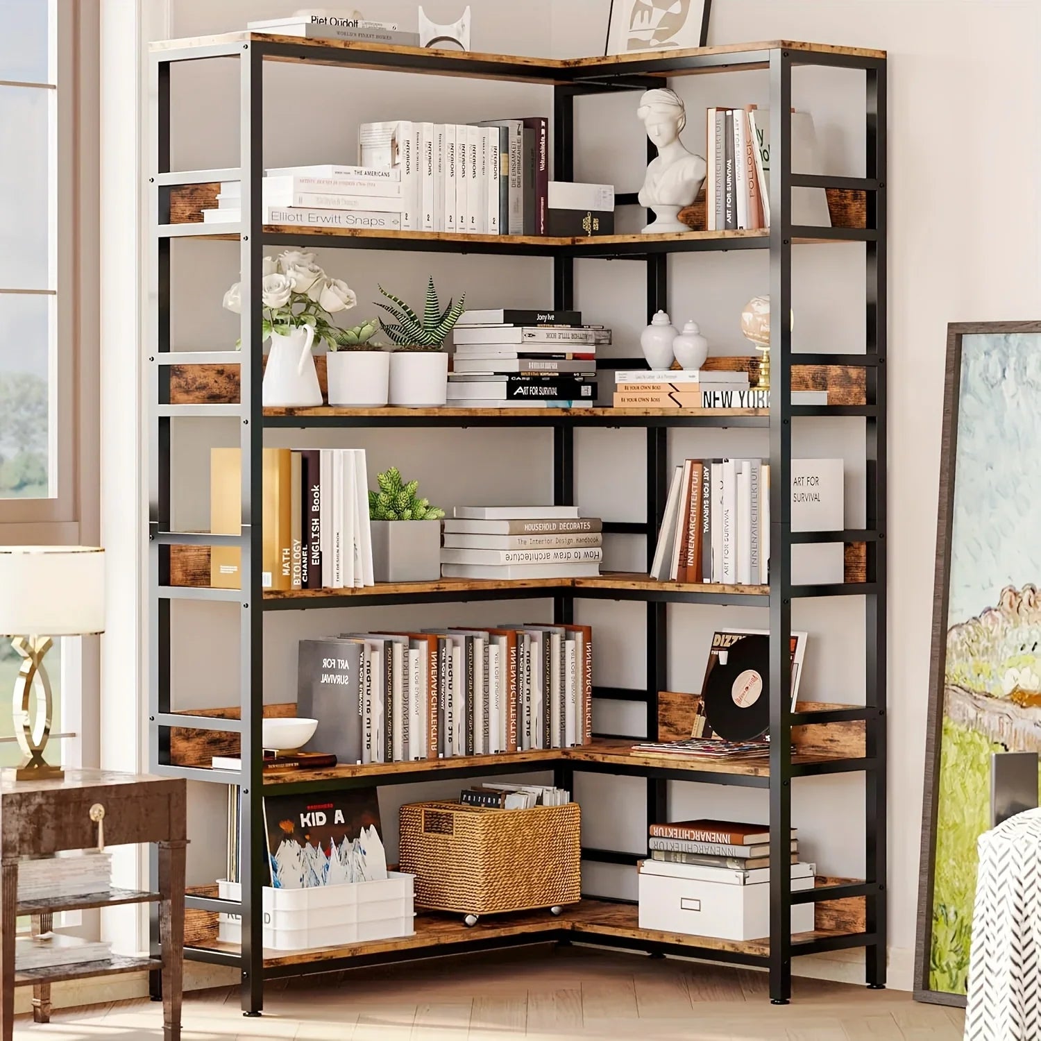 Industrial 6-Tier Corner Bookshelf with Baffles, Metal Frame Storage Rack for Living Room, Home Office, Bookshelf for Small Spaces, Spinning Bookshelf, Book Organizers And Storage, Bookshelf Organizer, Book Storage, Spacesavi House Of Avana