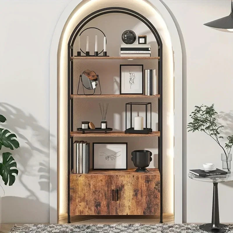 71" Industrial Arched Bookshelf with Doors - Sturdy Metal Frame, Freestanding Display Shelving Unit for... - House Of Avana