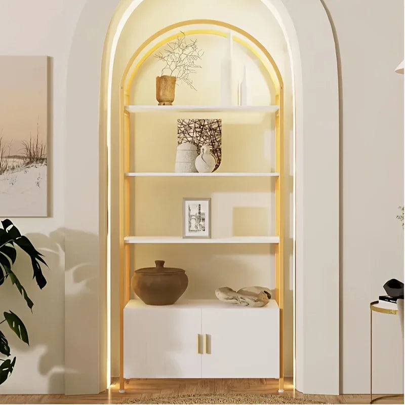 71" Industrial Arched Bookshelf with Doors - Sturdy Metal Frame, Freestanding Display Shelving Unit for... - House Of Avana