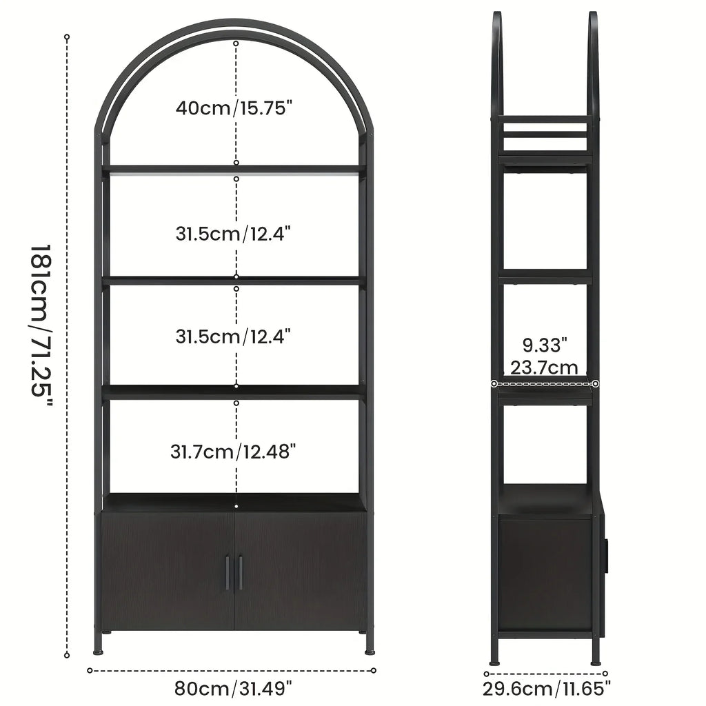 71" Industrial Arched Bookshelf with Doors - Sturdy Metal Frame, Freestanding Display Shelving Unit for... - House Of Avana