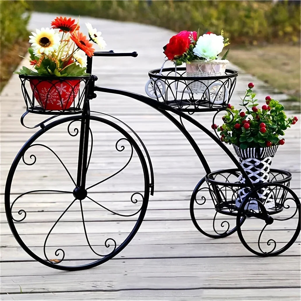 indoor bicycle planter Black Metal Bicycle Planter 3 Tier Tricycle Flower Plant Stand Parisian Style Flower Display Stand Cart For Home Decor Patio Garden Flower Shop Indoor