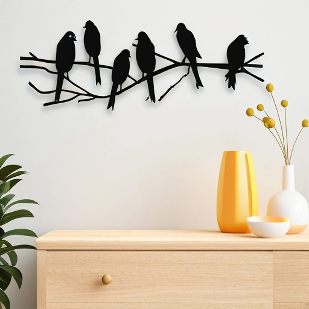 Metal birds on a tree branch, handcrafted in gold tone metal, perched on a wooden limb - House of Avana