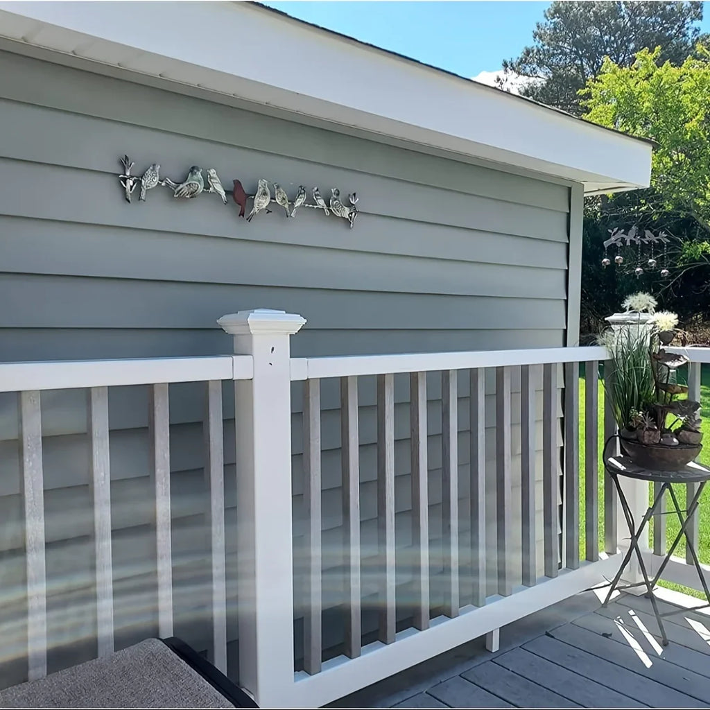 Metal birds in silver tone, perched on a wire, 3D wall art - House of Avana