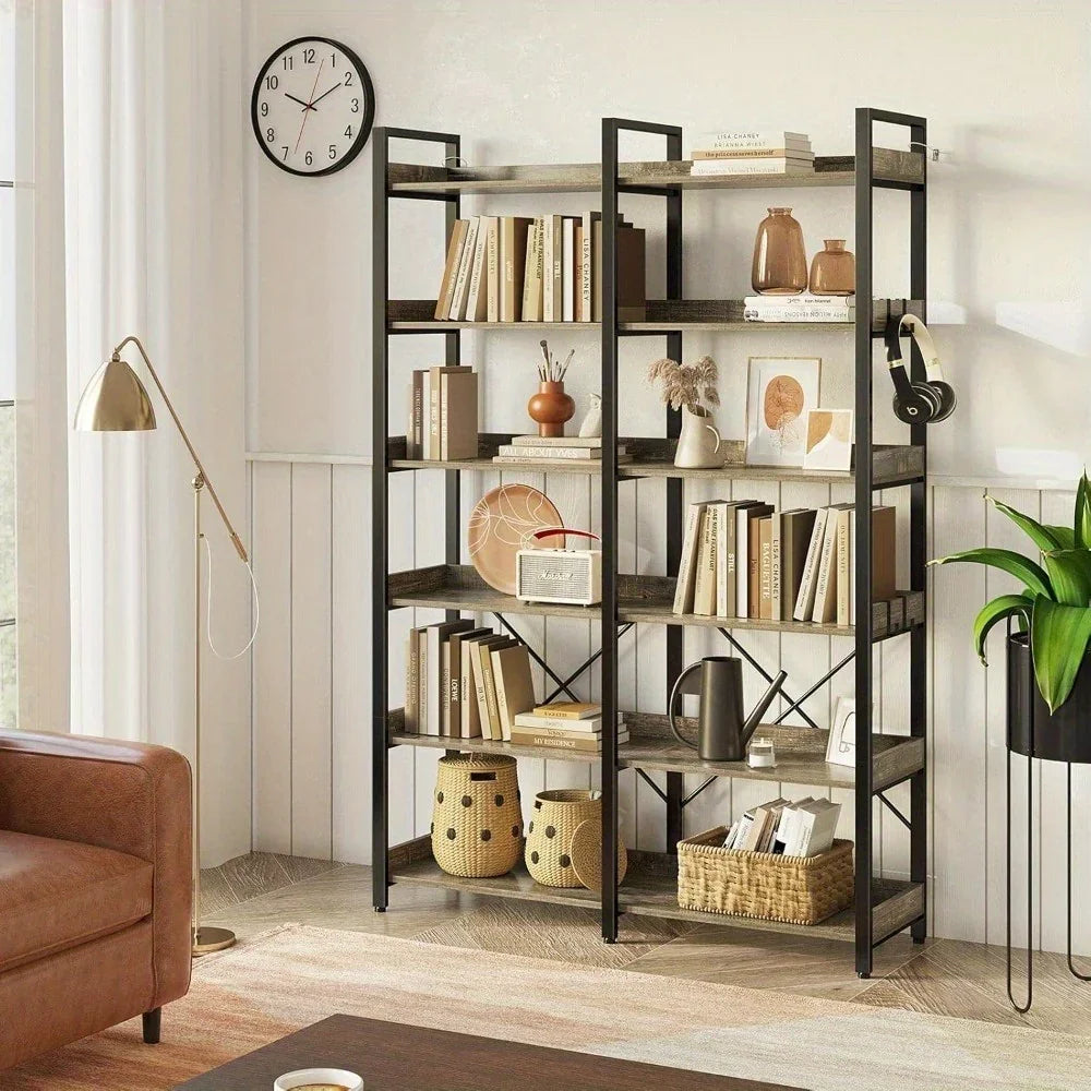 GREENSTELL 67" Industrial Rustic Bookcase - 6-Tier Open Shelf Storage Unit with Metal Frame & 4 Hooks, Vintage Display Shelf, 43.3" Width, Grey Finish House Of Avana