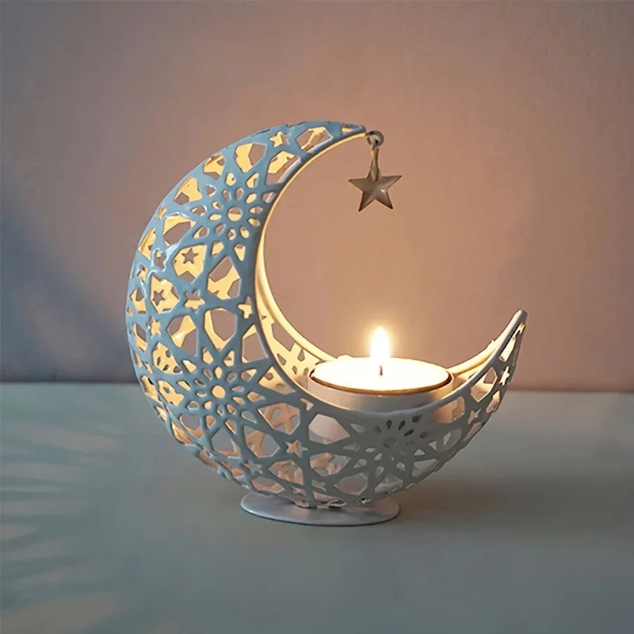 Metal candlestick in silver tone, featuring a vintage crescent moon shape - House of Avana