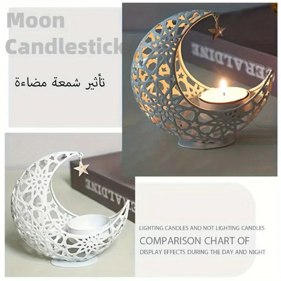 Metal candlestick in silver tone, featuring a vintage crescent moon shape - House of Avana