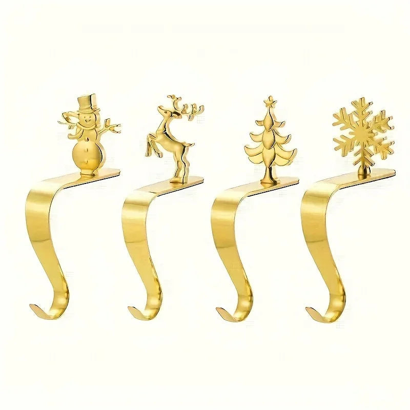 4pcs Festive Christmas Stocking Holder Set, Polished Golden & Metal Hooks with Non-Slip Pads, Fashionable Wall-Mounted Mantel Display Hangers for Holiday Decor,Bracket suitable for mantle metal fireplace stockings hanger., Ho House Of Avana [[SKU:HOA-XMS-064]]