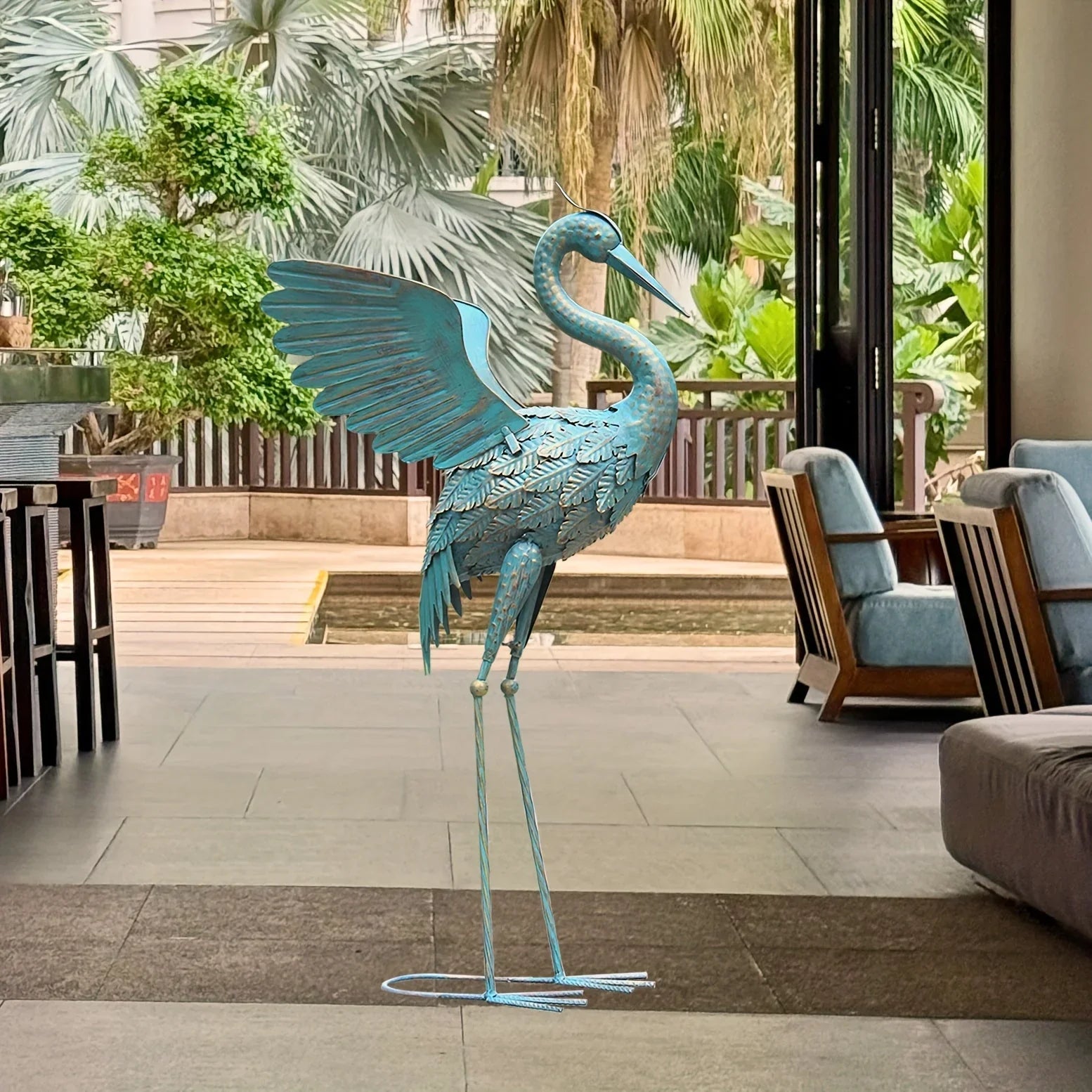 33in Cyan Metal Crane Sculpture Decor - House Of Avana