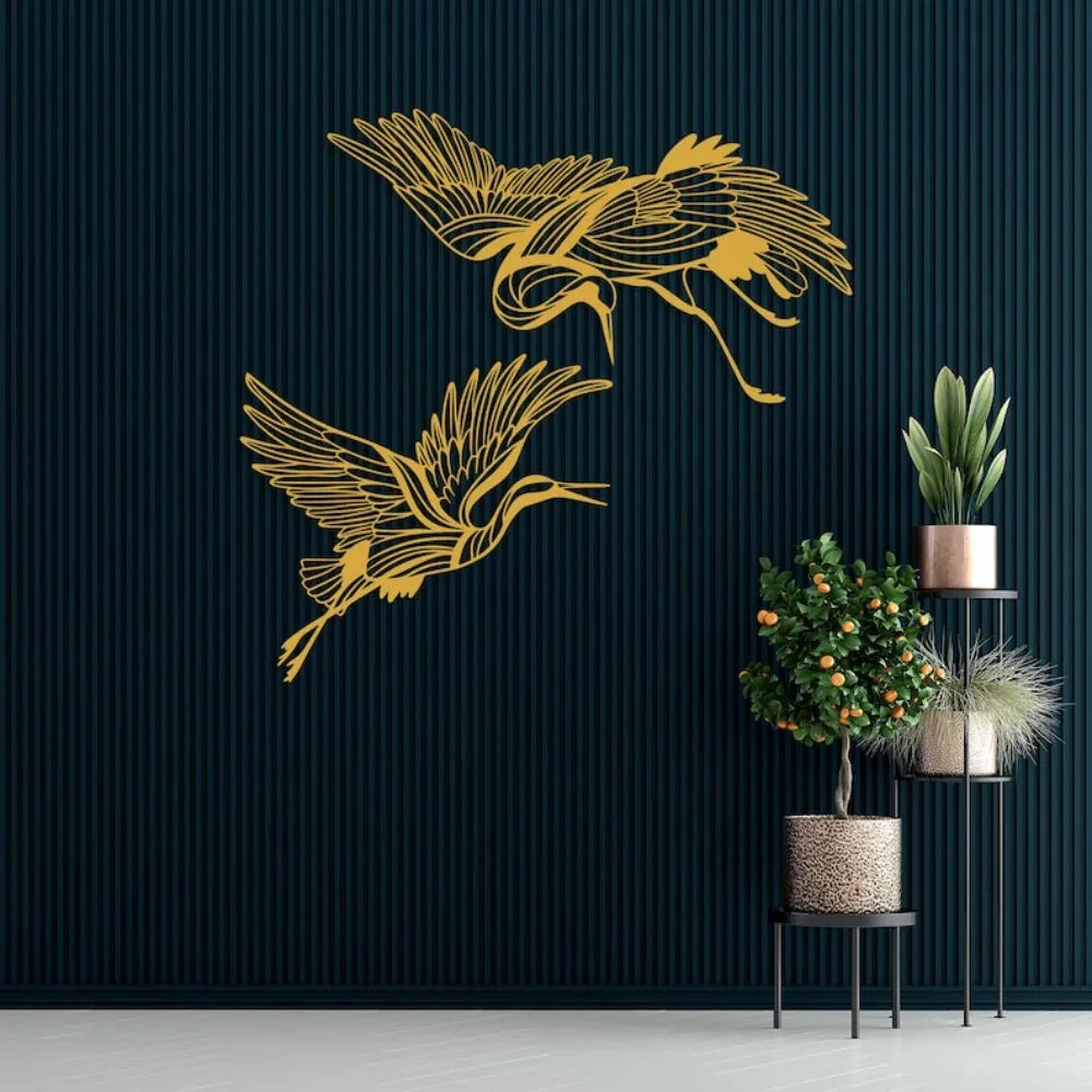 Metal Crane Wall Art Set of with Flying Birds Decor, side view - House Of Avana