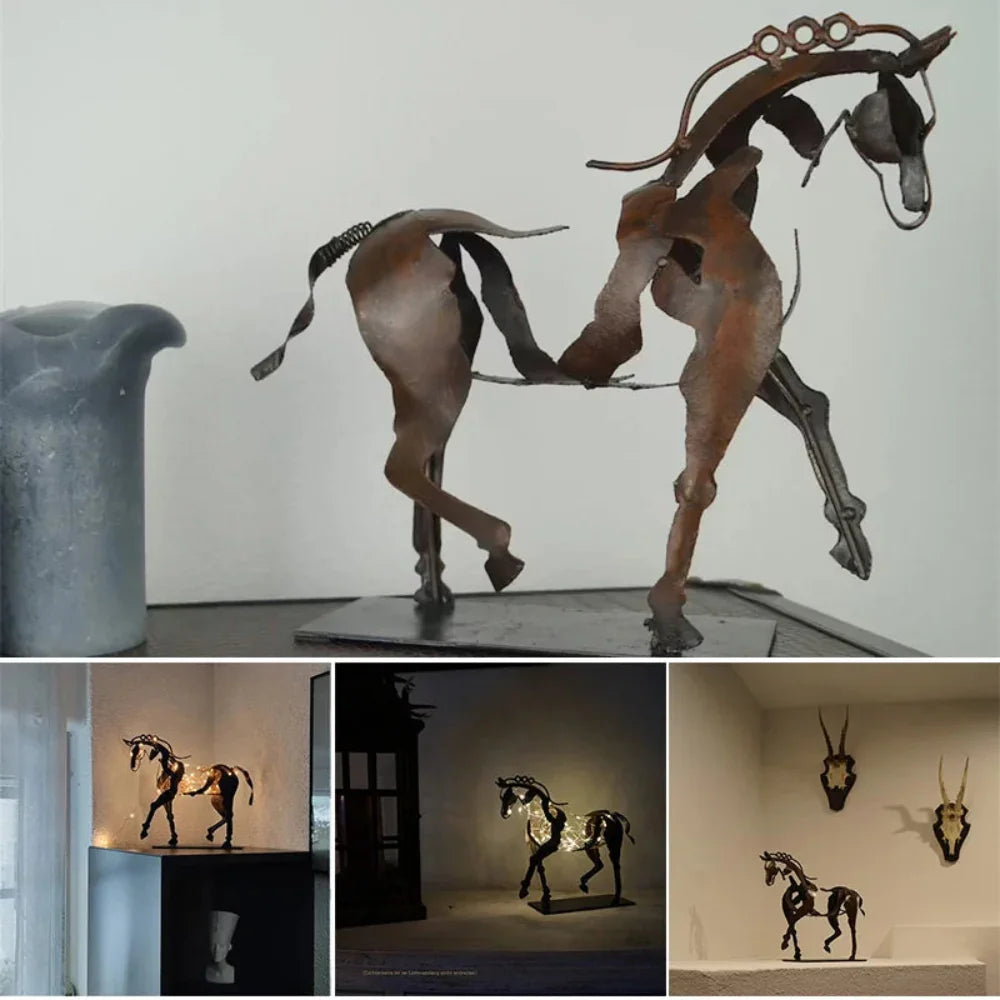 Metal horse sculpture with LED light, modern silver finish - House of Avana