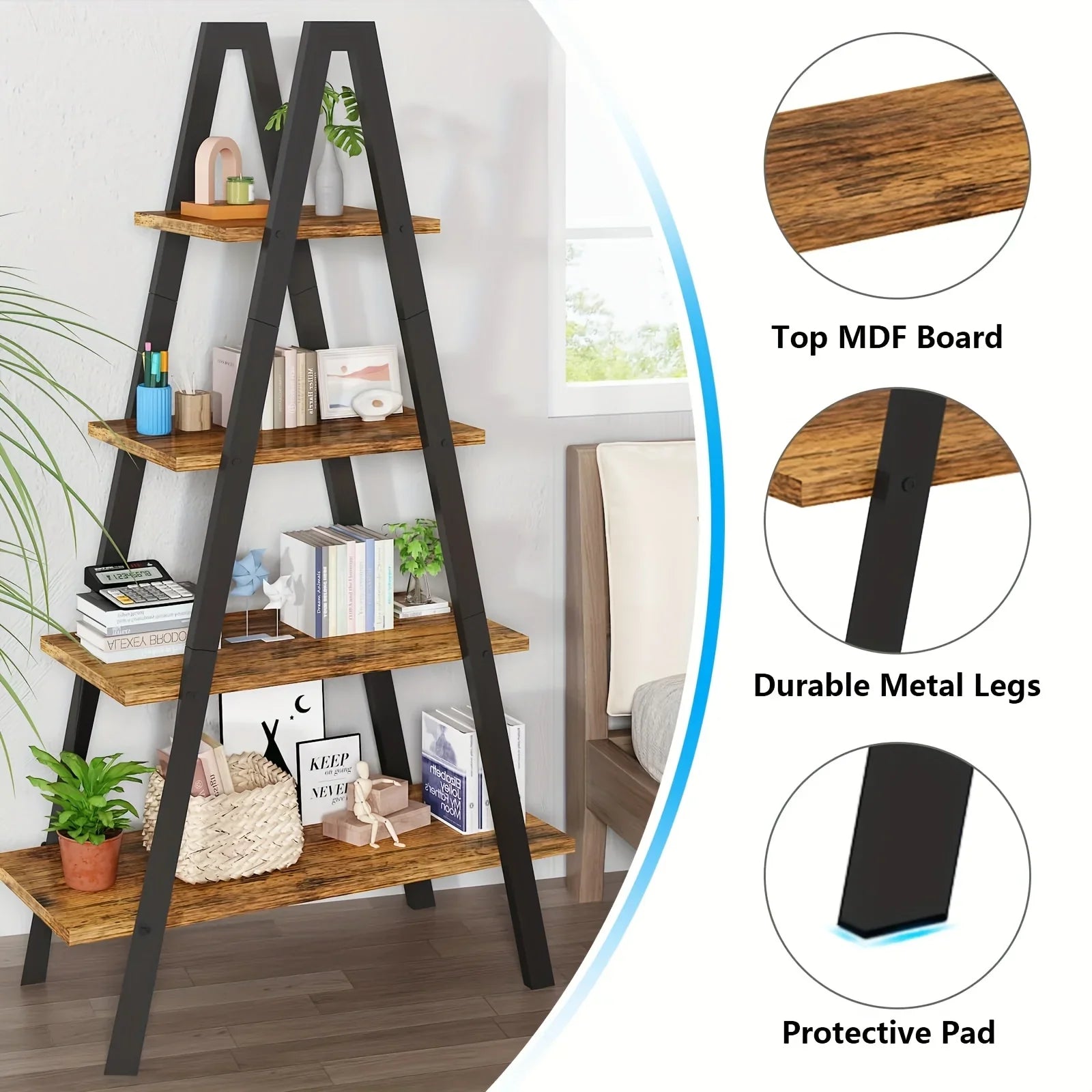 LAMERGE 4-storey A-shaped Bookshelf, Metal Frame Bookshelf, Standing Bedroom Ladder, Open Display Shelf, Indoor Plant Shelf, M Living Room, Office, Small Space Home Furniture Bookshelf House Of Avana