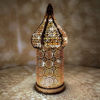 Moroccan Rose Golden Hollow LED Lantern, Metal Uplight Lamp, Freestanding Tabletop Decor for Home, Bedroom, Living Room - Battery Powered, No Plug Required, Ideal for Hanukkah, Diwali, Thanksgiving House Of Avana