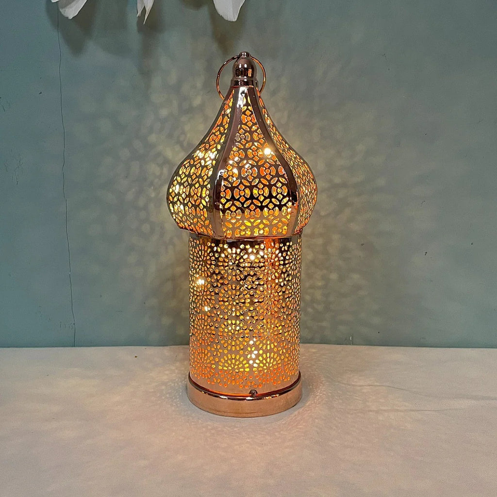 Moroccan Rose Golden Hollow LED Lantern, Metal Uplight Lamp, Freestanding Tabletop Decor for Home, Bedroom, Living Room - Battery Powered, No Plug Required, Ideal for Hanukkah, Diwali, Thanksgiving House Of Avana