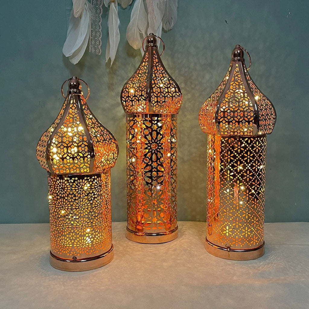 Moroccan Rose Golden Hollow LED Lantern, Metal Uplight Lamp, Freestanding Tabletop Decor for Home, Bedroom, Living Room - Battery Powered, No Plug Required, Ideal for Hanukkah, Diwali, Thanksgiving House Of Avana