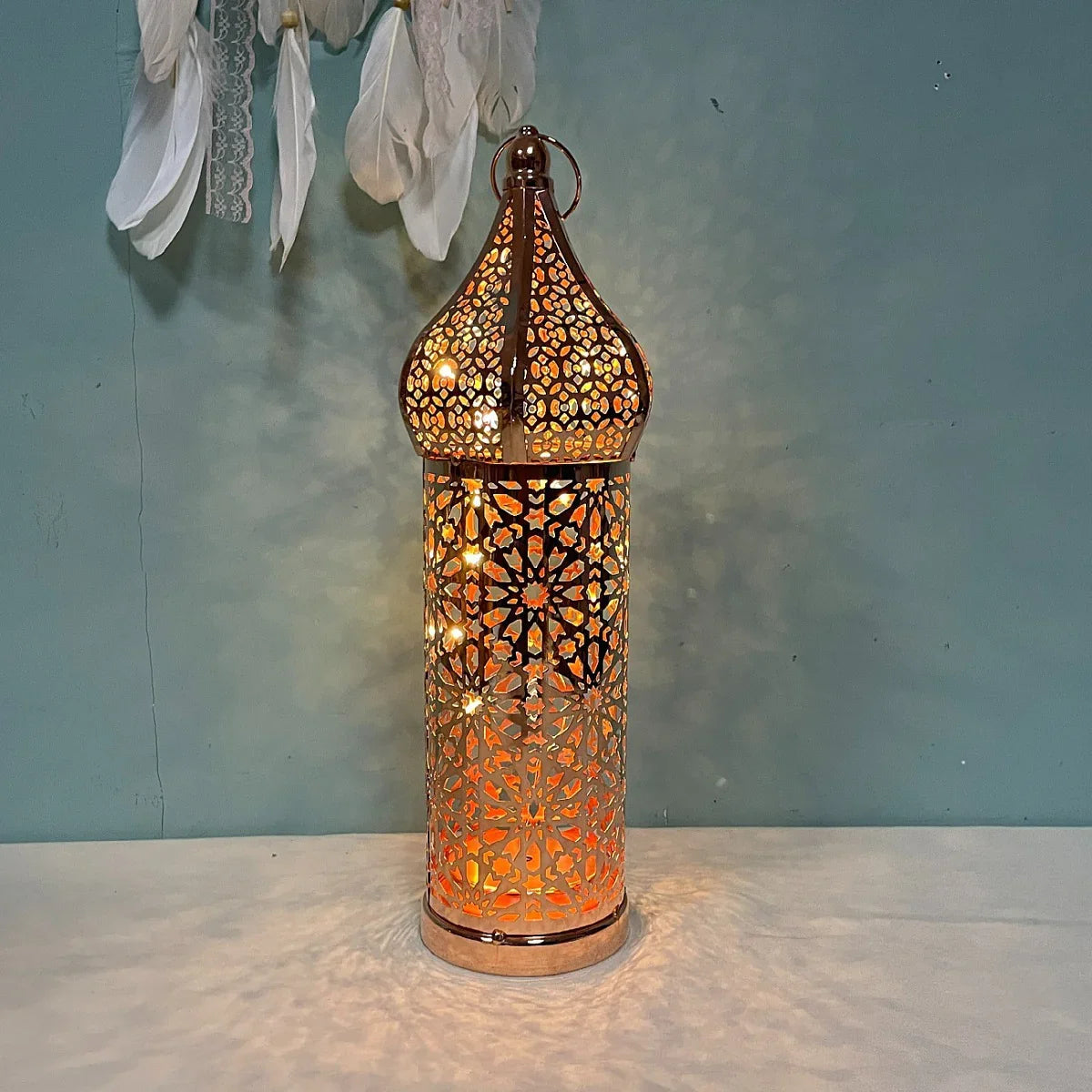 Moroccan Rose Golden Hollow LED Lantern, Metal Uplight Lamp, Freestanding Tabletop Decor for Home, Bedroom, Living Room - Battery Powered, No Plug Required, Ideal for Hanukkah, Diwali, Thanksgiving House Of Avana