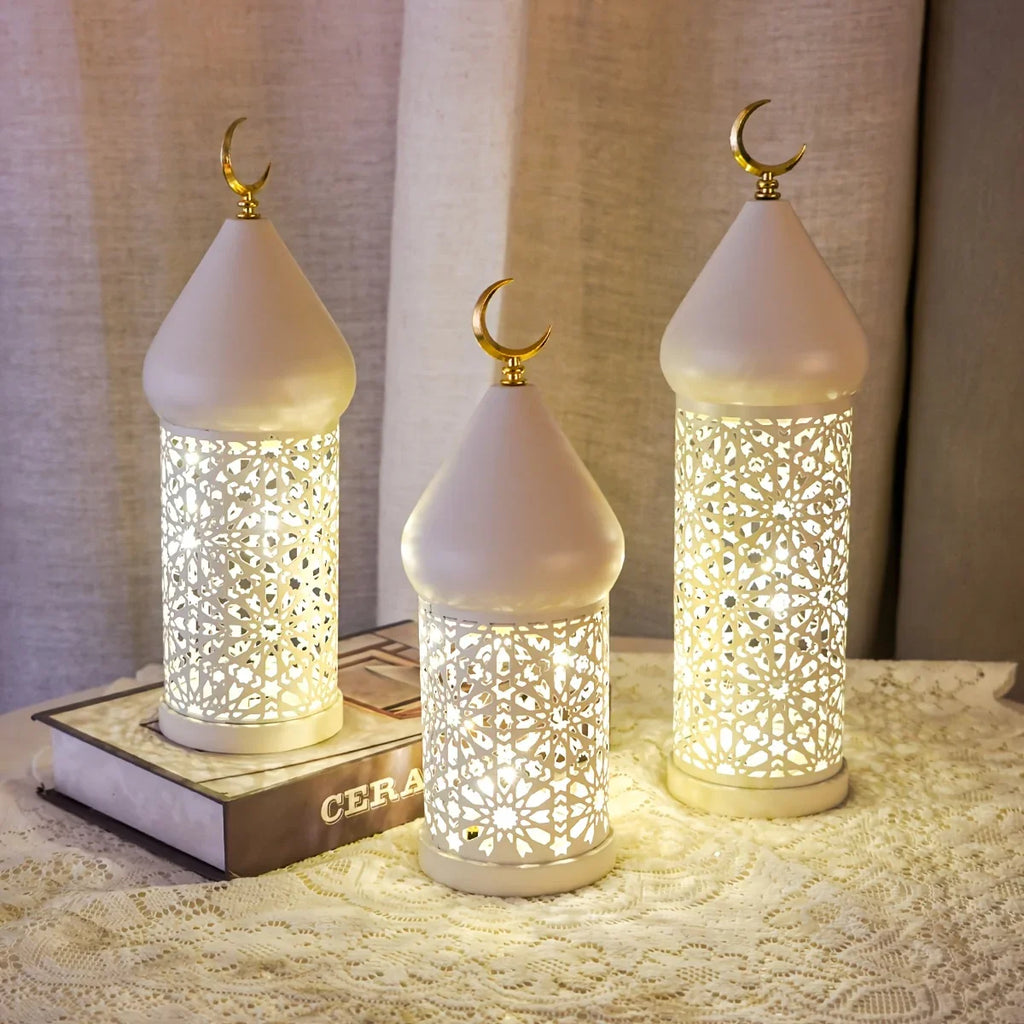 1pc Metal LED Decorative Lantern with Intricate Cut-Out Patterns & Crescent Moon Accents - Battery-Powered Tabletop Home Decor for Ramadan, Weddings, Diwali - Warm White Light (3 AAA Batteries Not Included), Lantern Decor House Of Avana