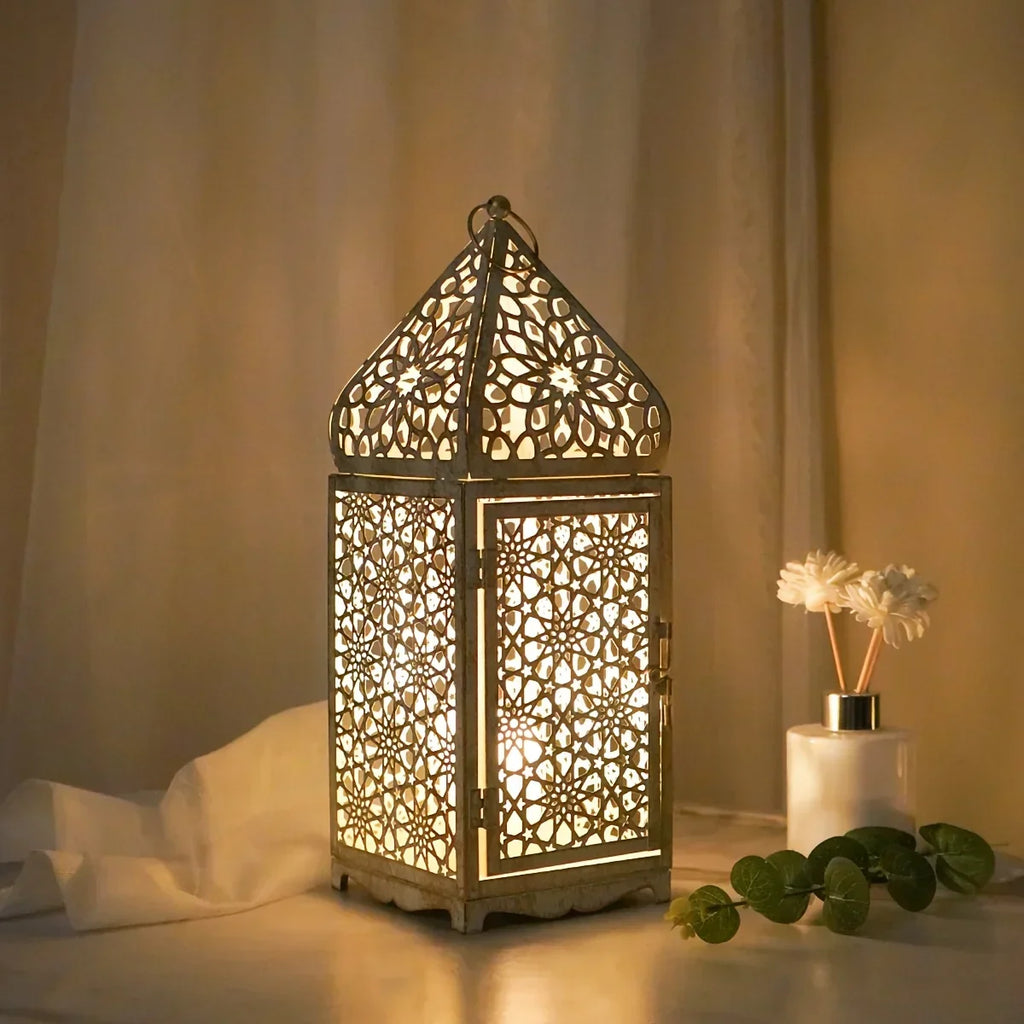 Metal Moroccan candlesticks in gold finish, intricate design - House of Avana