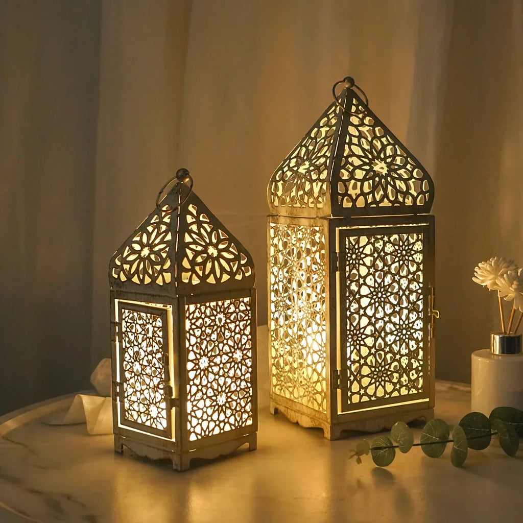 Metal Moroccan candlesticks in gold finish, intricate design - House of Avana