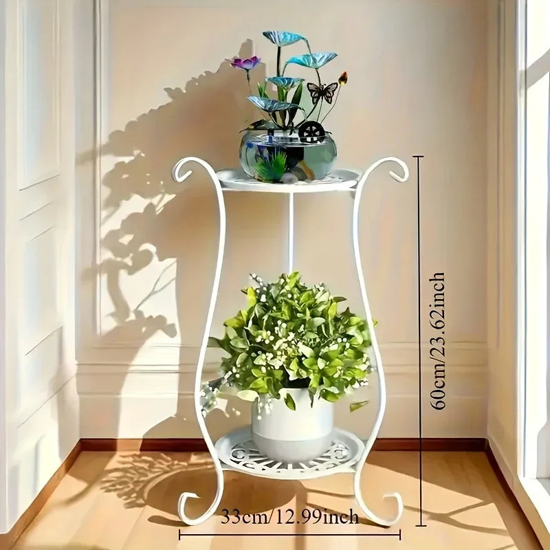 White metal plant stand, curved design, sturdy double-layer frame - House of Avana