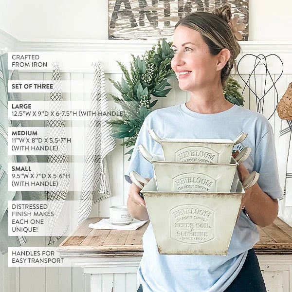 Vintage Inspired Heirloom Garden Supply Metal Planters, Set of Three - House Of Avana