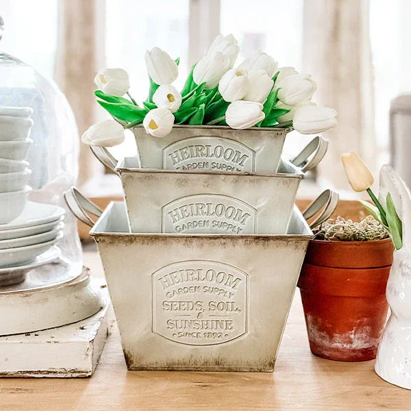 Vintage Inspired Heirloom Garden Supply Metal Planters, Set of Three - House Of Avana