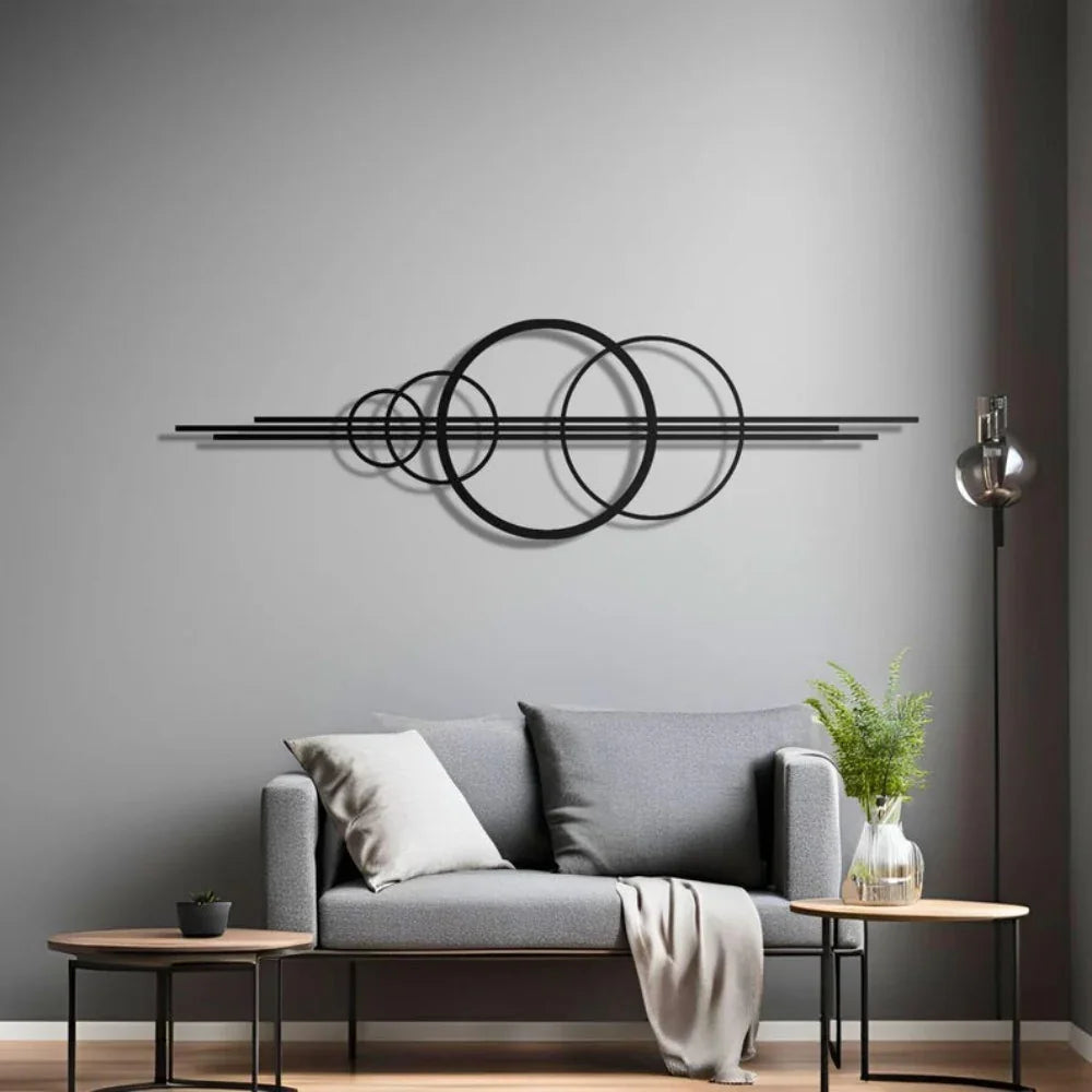 Metal Wall Art Black Geometric Circles Design Horizontal or Vertical Hanging, front view - House Of Avana [[SKU:HOA-WAL-061]]