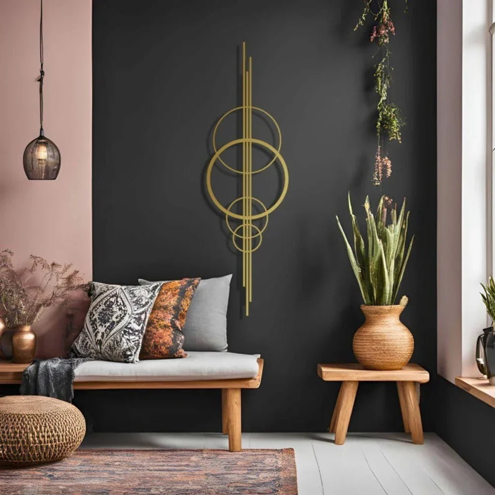 Metal Wall Art Black Geometric Circles Design Horizontal or Vertical Hanging, lifestyle image - House Of Avana [[SKU:HOA-WAL-061]]