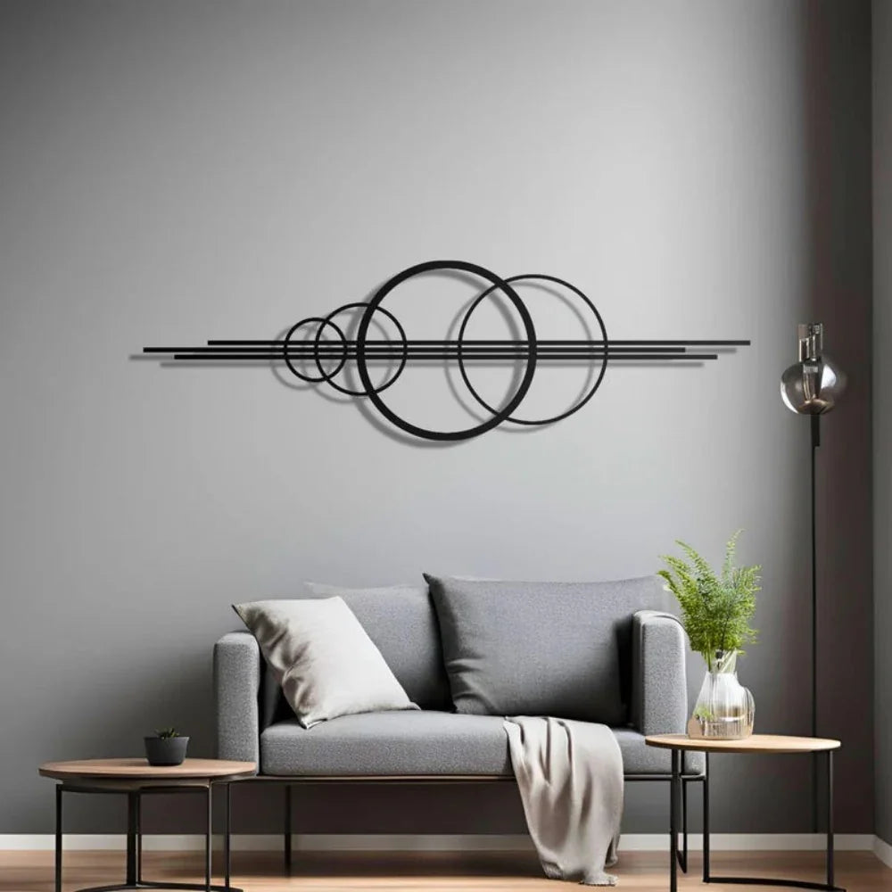 Metal Wall Art Black Geometric Circles Design Horizontal or Vertical Hanging, angled view - House Of Avana [[SKU:HOA-WAL-061]]