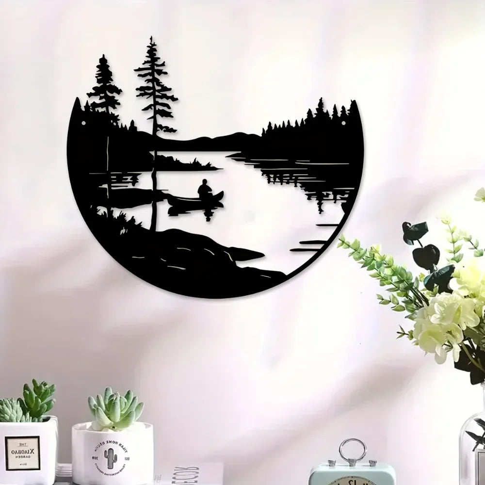 Metal wall art featuring mountain and lake sculpture design in silver tone - House of Avana