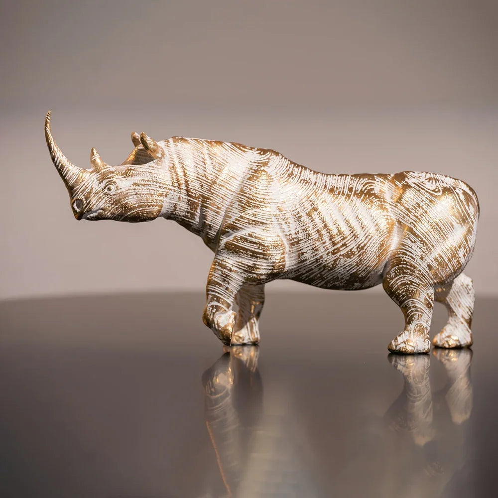 Gold rhino figurine statue with metallic finish, decorative accent - House of Avana