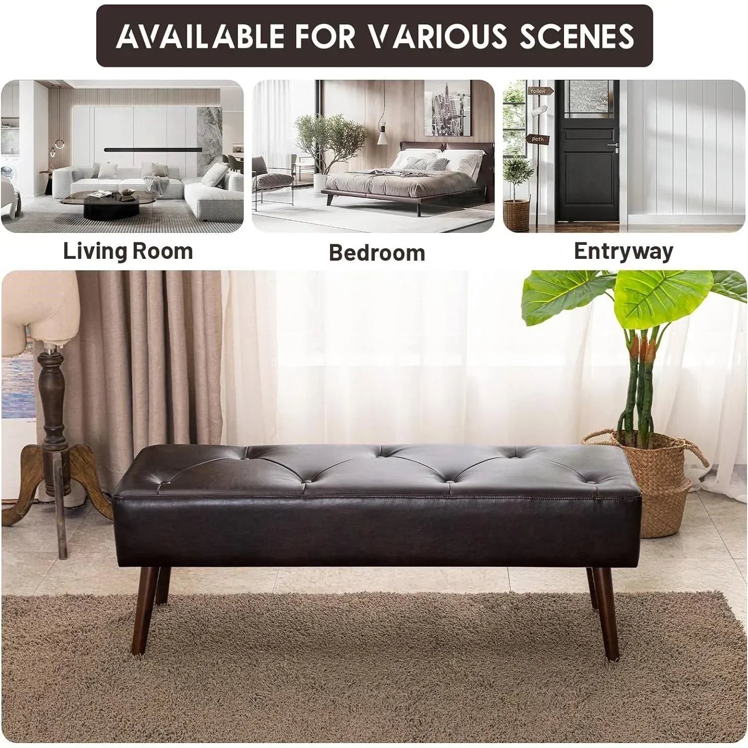 Mid-Century Bed Bench with Dark Brown Leather Upholstered Seat Solid Wood Legs
