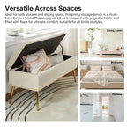 Mid-Century Modern Bed Storage Bench with Ivory Velvet Seat and Gold Legs
