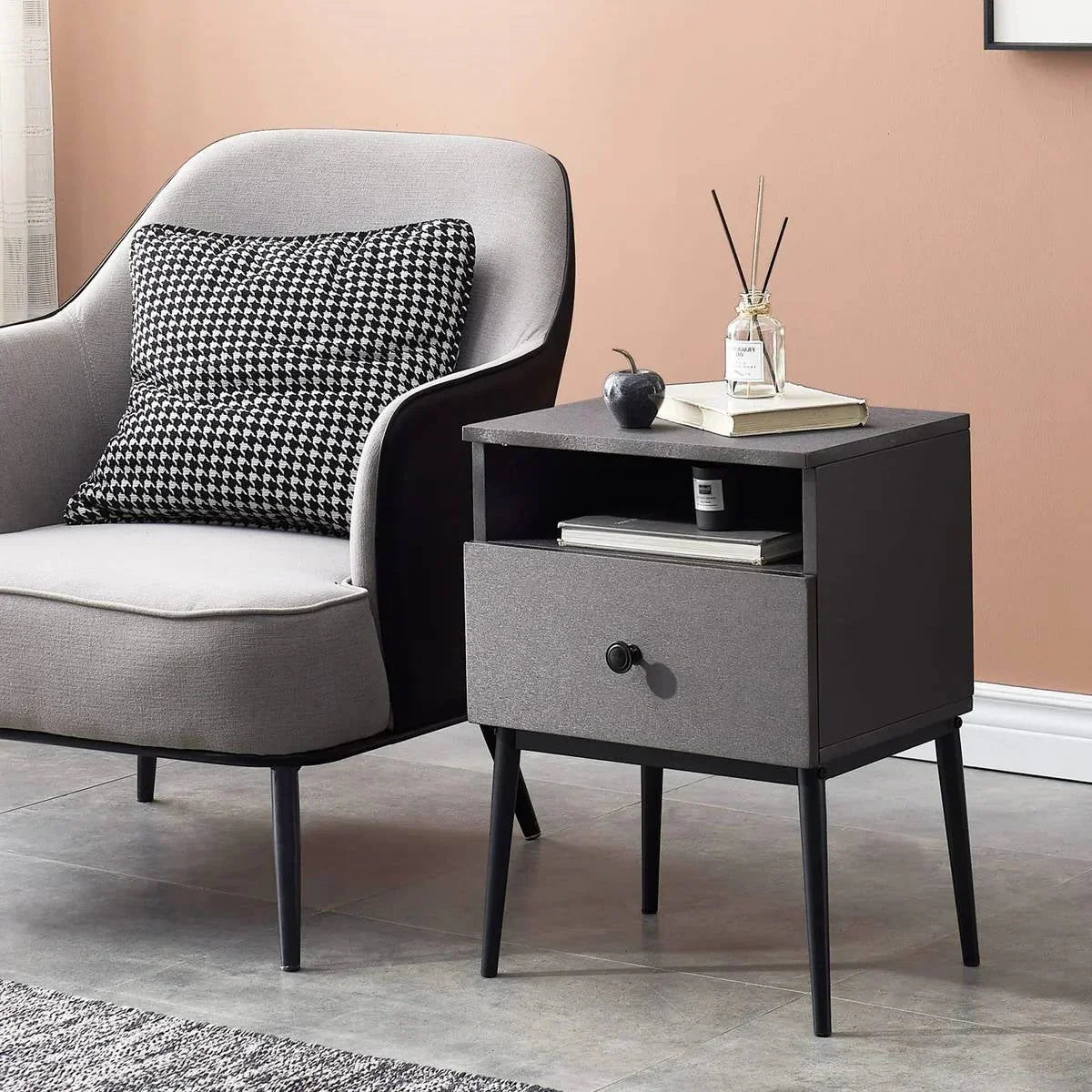 Mid Century Modern End Table Nightstand in Grey Black Wood Finish