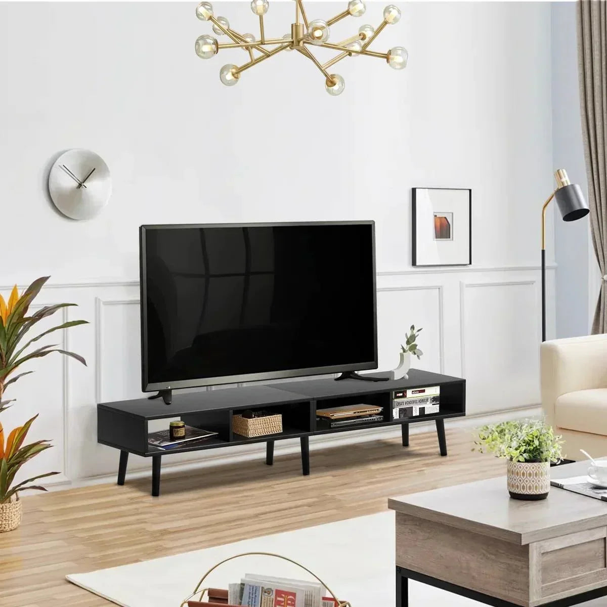 Mid-Century Modern Style TV Stand in Black Wood Finish - for TVs up to 65-inch