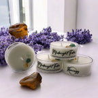 Crystal tea light candle in dark blue, coconut-soy wax, ambient glow - House of Avana