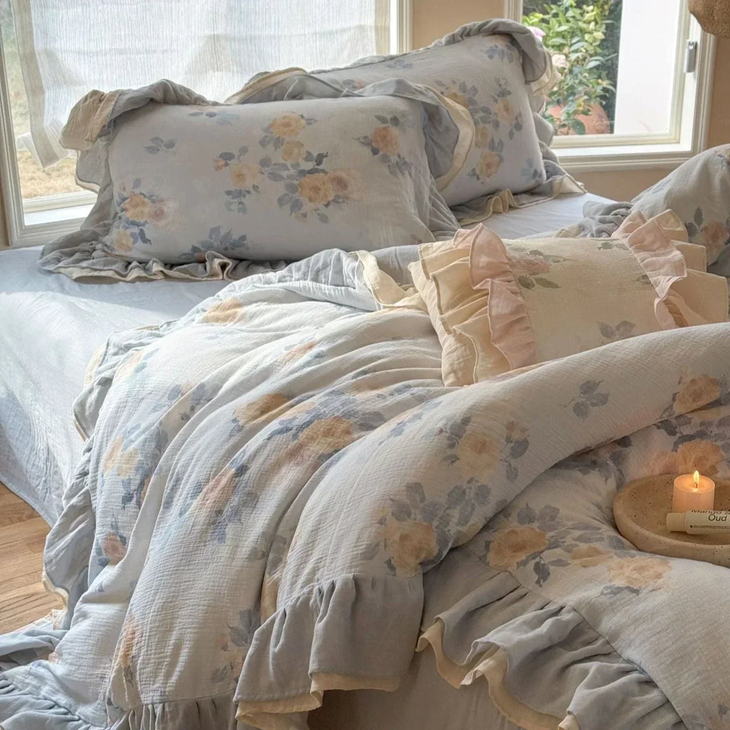 Millie Lace Ruffle Floral Bedding Set / Blue Ever Lasting