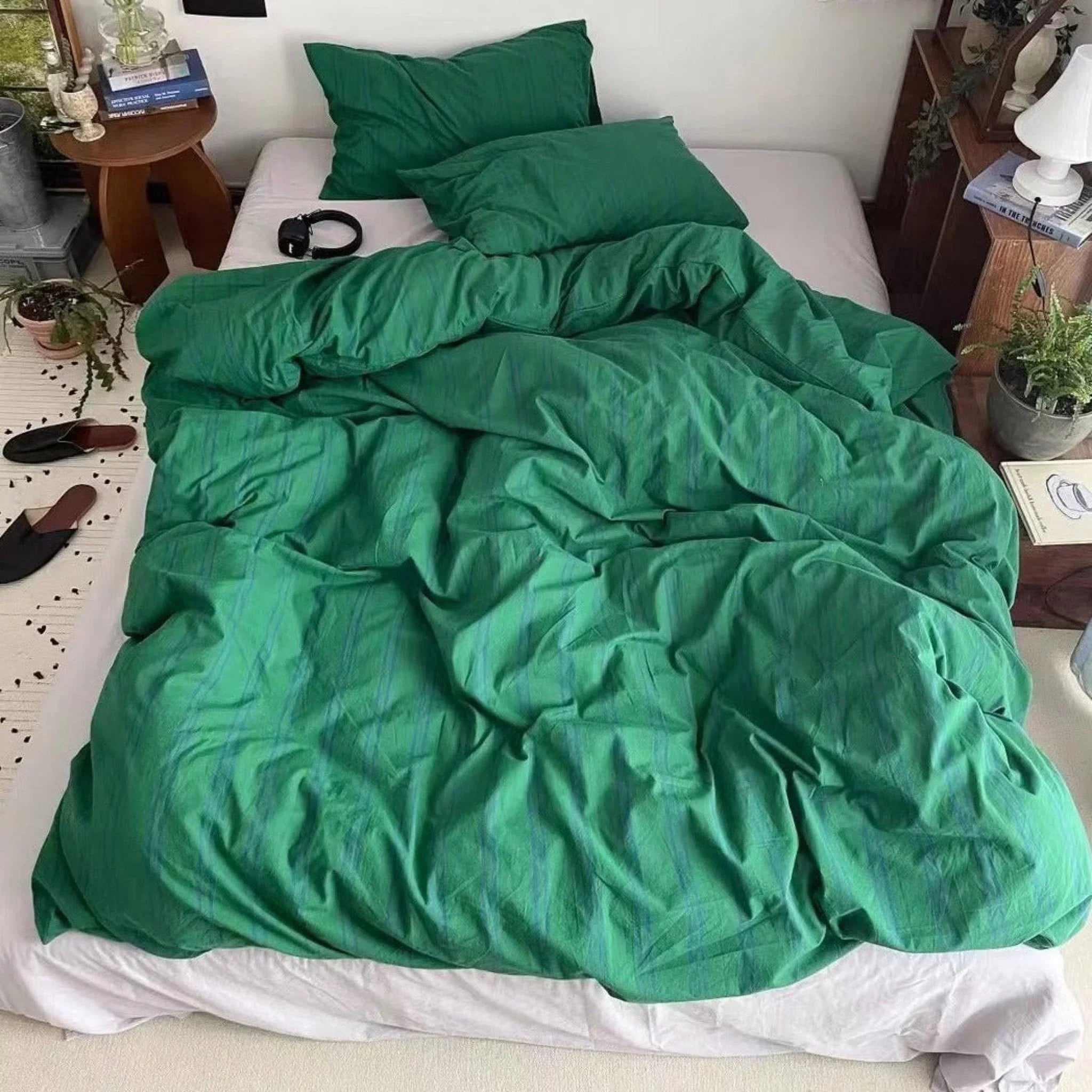 Minimal Vintage Stripe Bedding Set / Forest Green Ever Lasting