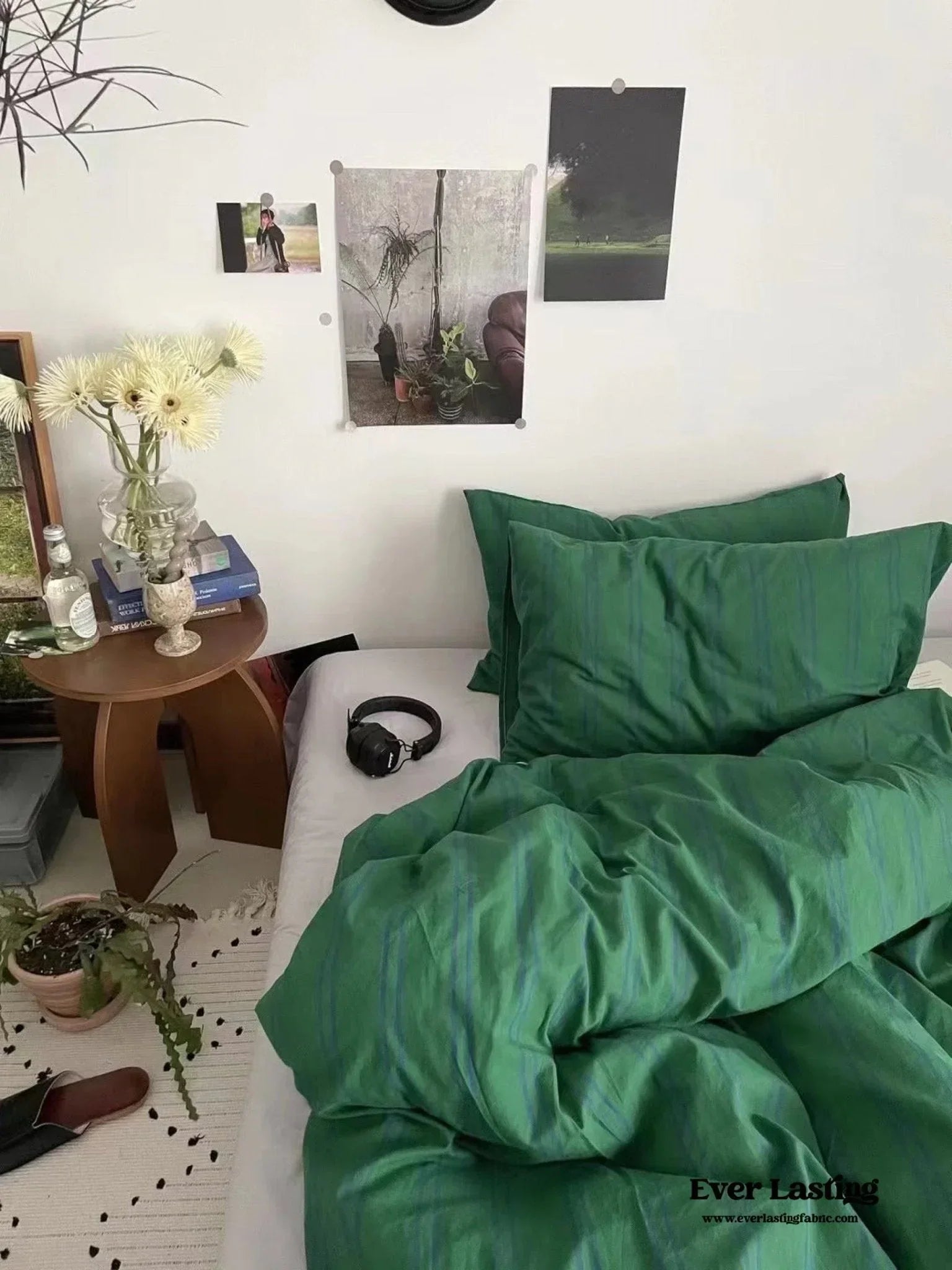 Minimal Vintage Stripe Bedding Set / Forest Green Ever Lasting