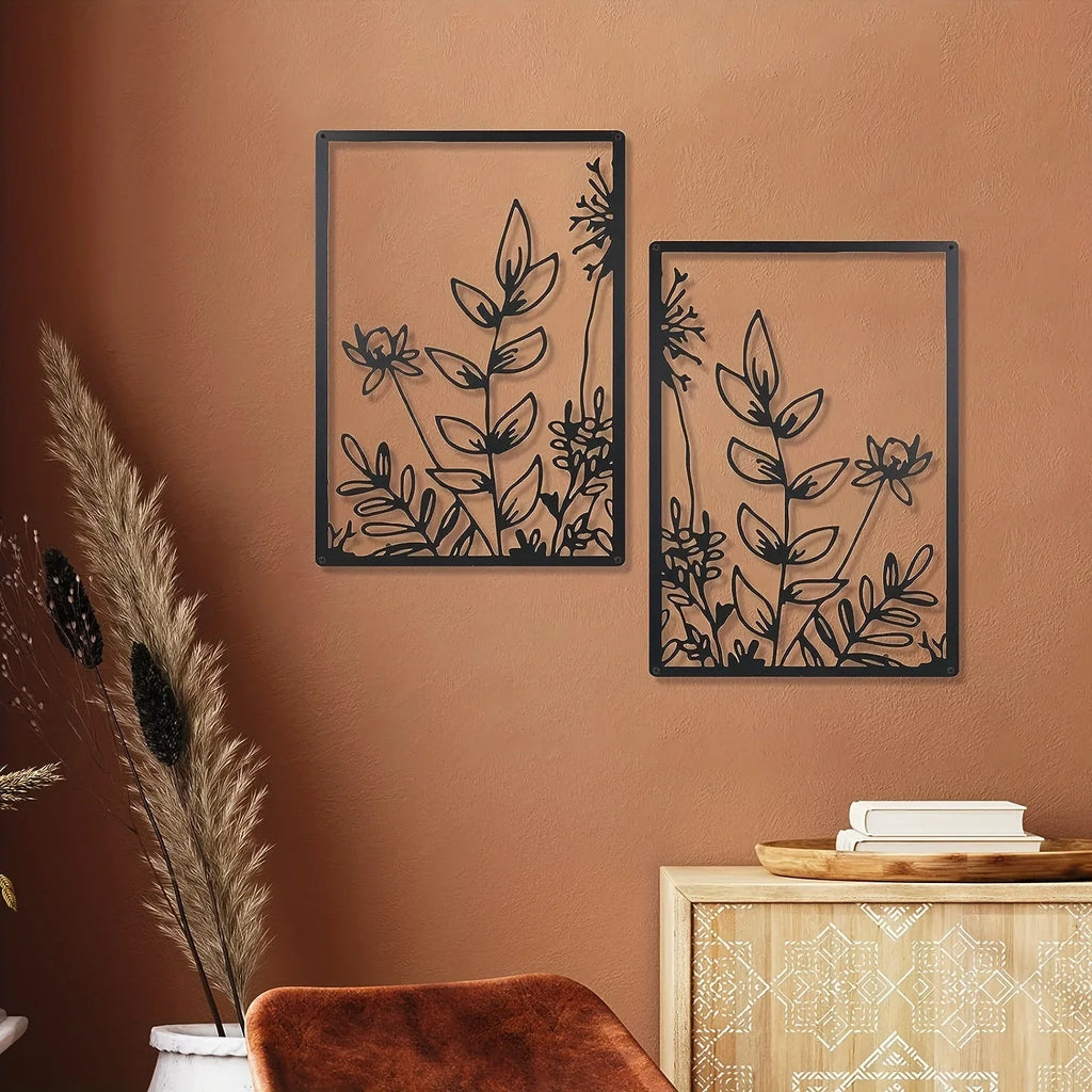 Black metal floral wall art, minimalist botanical design - House of Avana