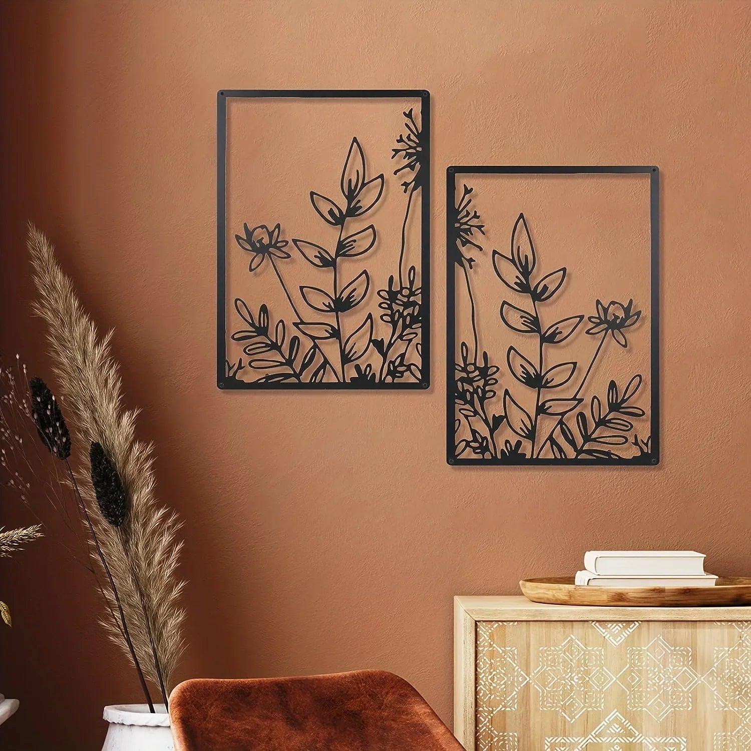 Black metal floral wall art, minimalist botanical design - House of Avana