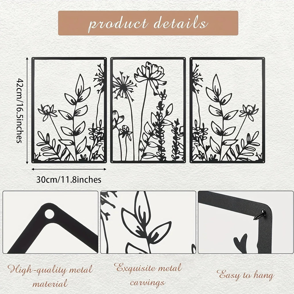 Black metal floral wall art, minimalist botanical design - House of Avana