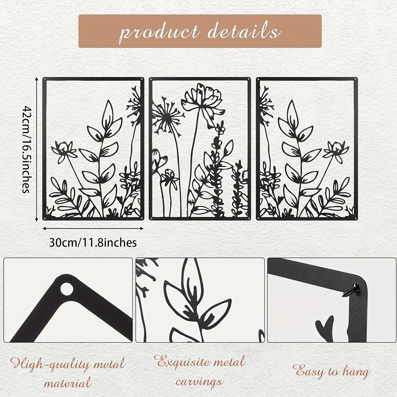 Black metal floral wall art, minimalist botanical design - House of Avana