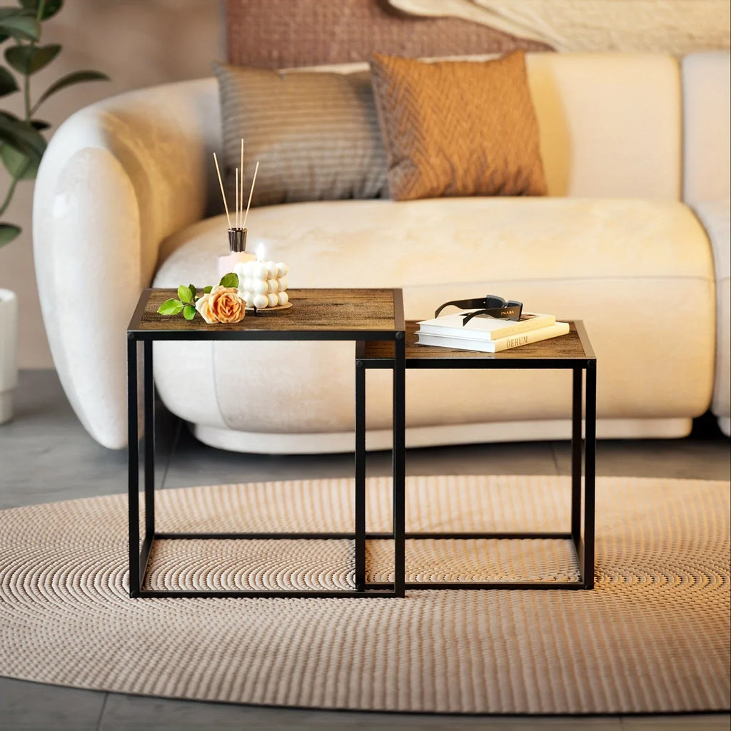 [2pcs Nordic Iron Art Tables] 2pcs Set, Minimalist Modern Nordic Iron Art Square Coffee Table and Side Tables for Living Room or Bedroom House Of Avana