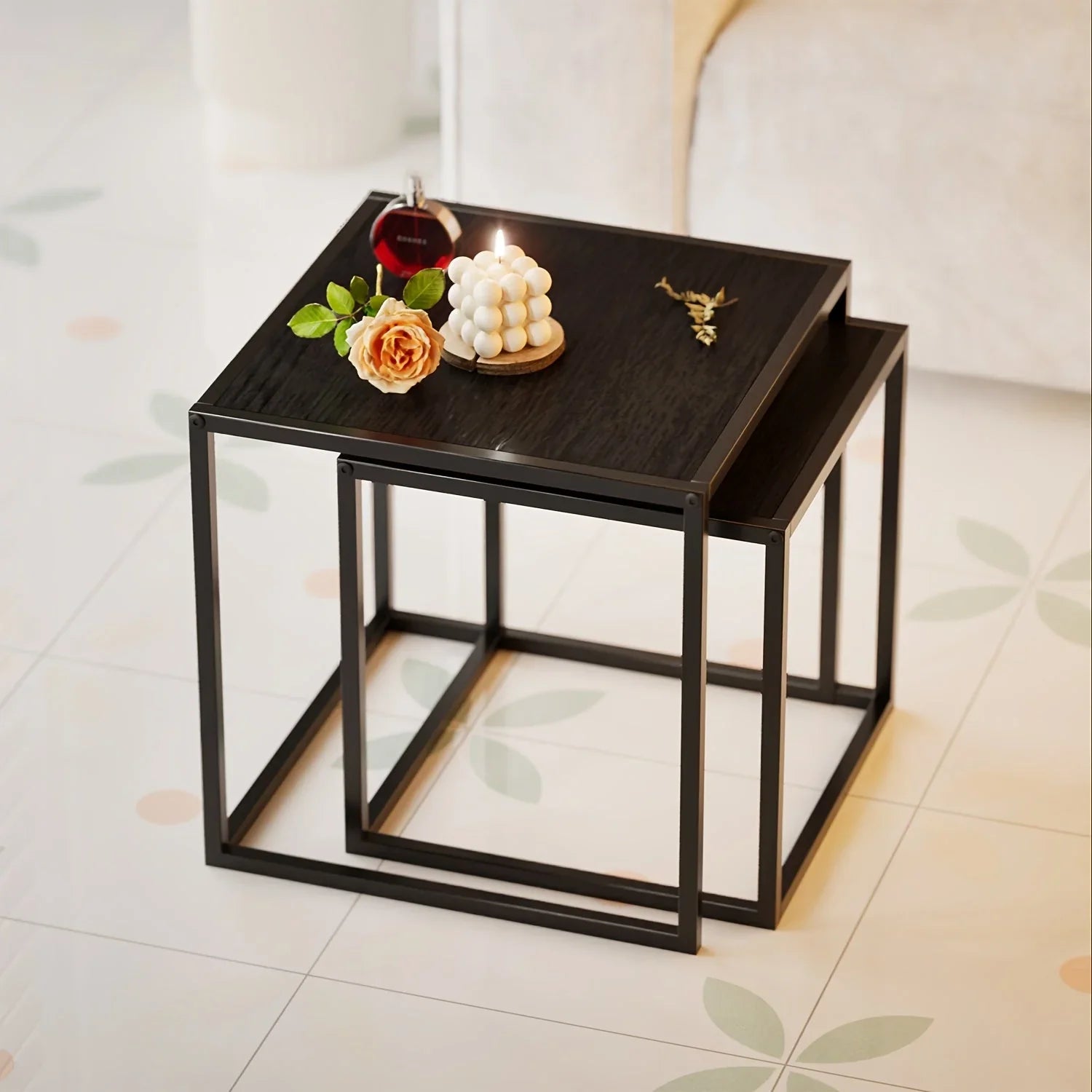 [2pcs Nordic Iron Art Tables] 2pcs Set, Minimalist Modern Nordic Iron Art Square Coffee Table and Side Tables for Living Room or Bedroom House Of Avana